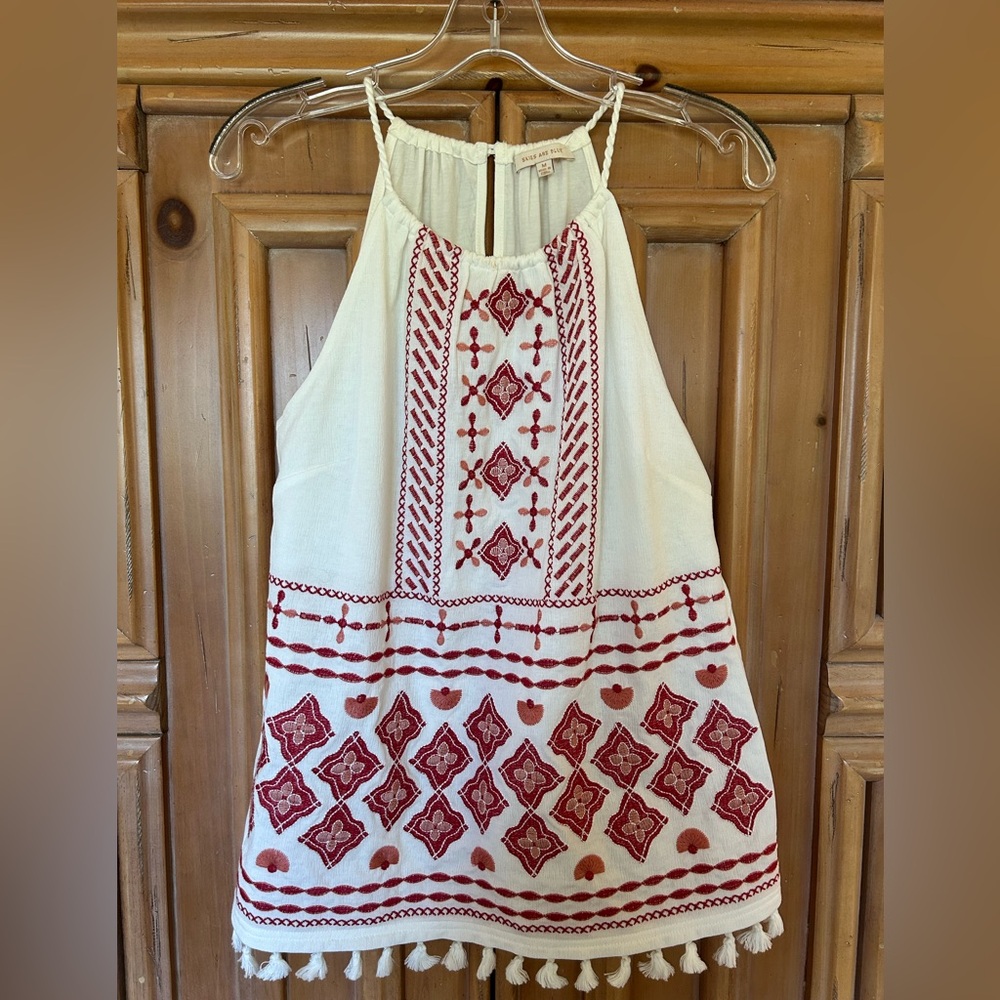 Cute halter top by Skies Are Blue, ivory/red embroidery, worn once, size M